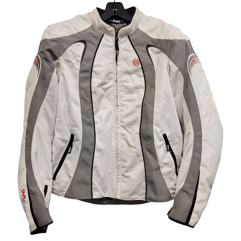 SHIFT Jacket CATALINA Women Large White Gray Motorcycle Zip Pockets Liner Armour